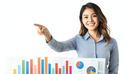 corporate woman in formal shirt pointing at colorful chart, smiling confidently