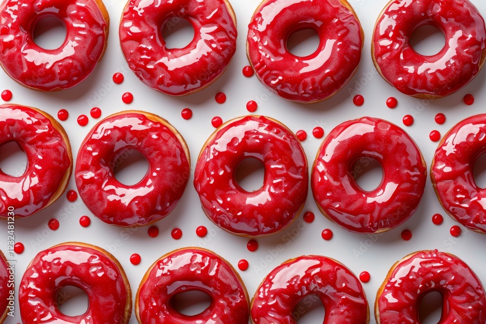 Poster pattern of delicious red frosted doughnuts lying on white background with red dots