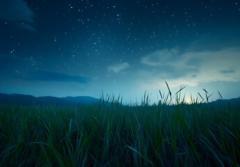 Obraz premium Starry night sky over a serene field with distant mountains illuminated by moonlight