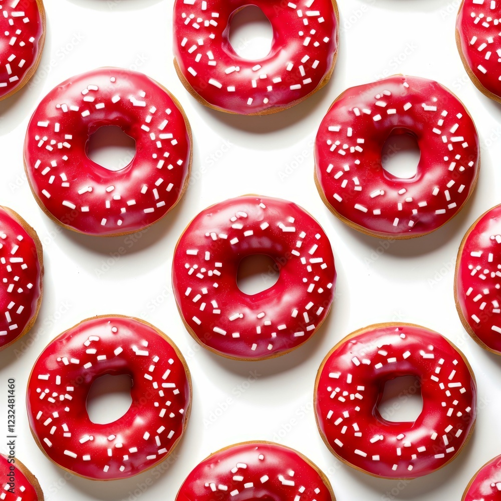 Poster flat lay of delicious red frosted donuts with white sprinkles, creating a repeating pattern on a whi