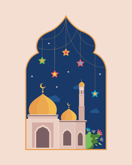 Ramadan Kareem card banner Islamic arches windows moon mosque lanterns in a minimalist style