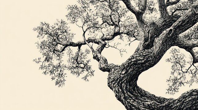 Majestic tree branch, detailed drawing, light background, nature art, design element