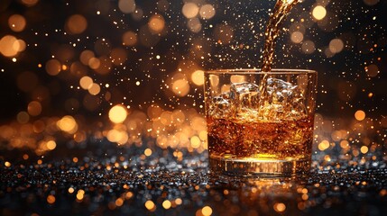 A magnified, slow-motion view of clear liqueur being poured into a glass, with flying droplets and splashes set against a deep black background