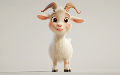 Happy cartoon goat, studio shot, plain background, children's book illustration