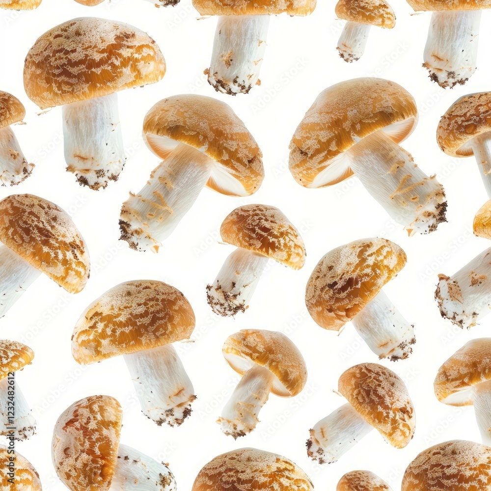 Poster seamless pattern of fresh cypress mushrooms, also known as saffron milk caps, floating on a white ba