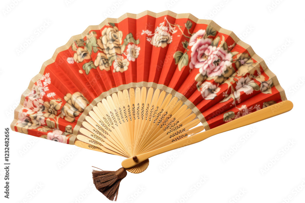 Poster a vintage handheld fan with a floral pattern on its fabric, elegantly open and displaying its intric