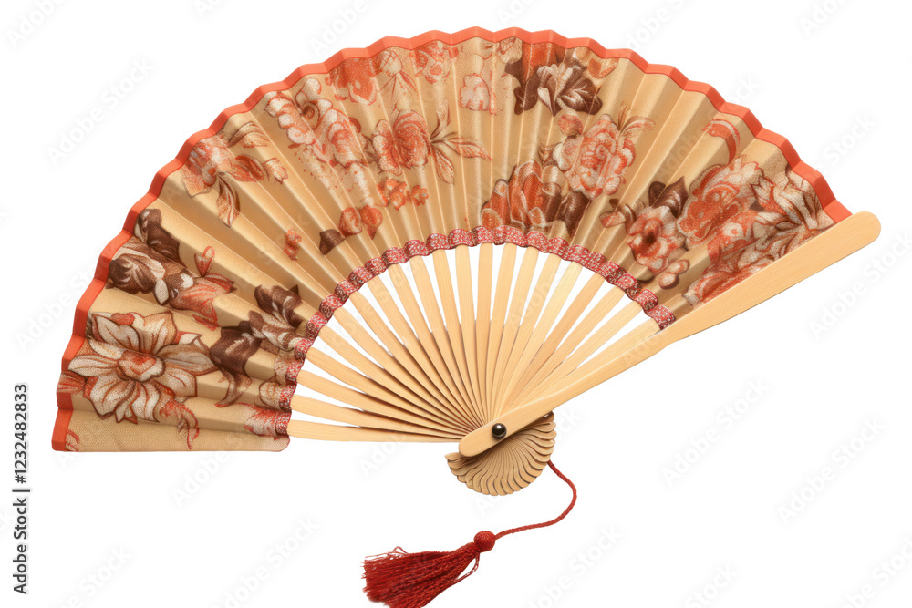 Poster a vintage handheld fan with a floral pattern on its fabric, elegantly open and displaying its intric