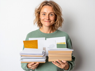 Creative professional woman holding design samples and stationery