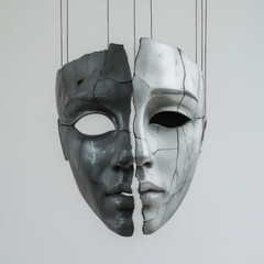broken theater mask of tragedy and comedy, with puppet strings hanging down from each side, The overall composition is minimalist, with a solid white background.