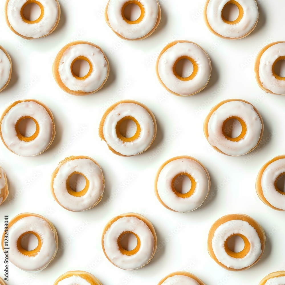 Aufkleber many identical donuts with white glaze forming a repeating pattern on a white background