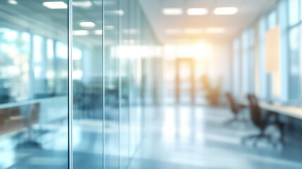 Fototapeta premium Minimalist design with white walls, pillars. Contemporary architecture empty modern office hallway with large windows cityscape view. Clean shiny floor reflects light.
