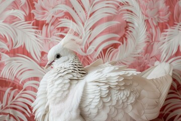 Fototapeta premium Elegant white dove posing in front of pink tropical leaves background