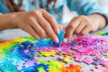Obraz premium A person assembling a colorful jigsaw puzzle, showcasing vibrant pieces and a creative design.