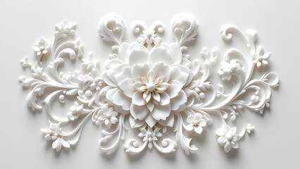 Elegant white floral decoration intricately designed in classic relief style with soft shadows.