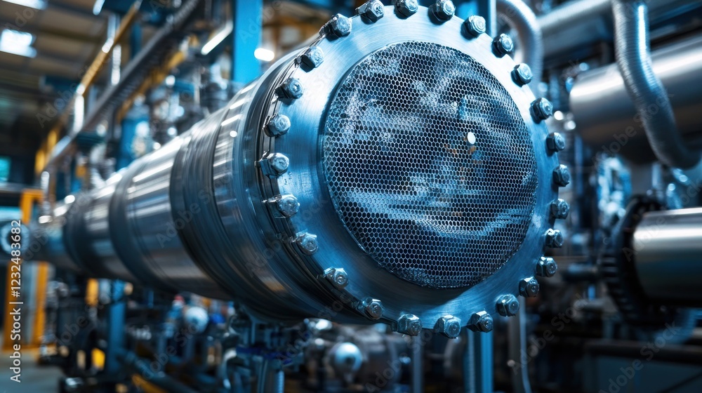 Poster industrial machinery: close-up of a large metal pipe and complex system in a factory setting