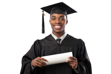 A young graduate in a black cap and gown, holding a diploma with a proud smile, standing confidently with arms crossed.