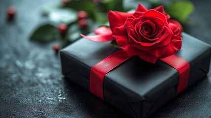 Ideal for special occasions, the combination of a beautifully wrapped gift box, a red rose, and a brown ribbon creates an elegant and romantic presentation