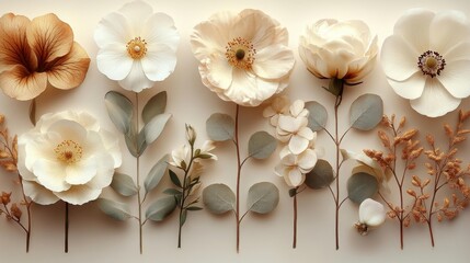 Floral collection with soft white and cream blooms eucalyptus leaves and golden branches on a clean white background. Generative AI