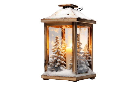 An elegant Christmas lantern with a rustic wooden frame, surrounded by a thick layer of untouched snow. The lantern emits a soft glow, creating a contrast against the white landscape.