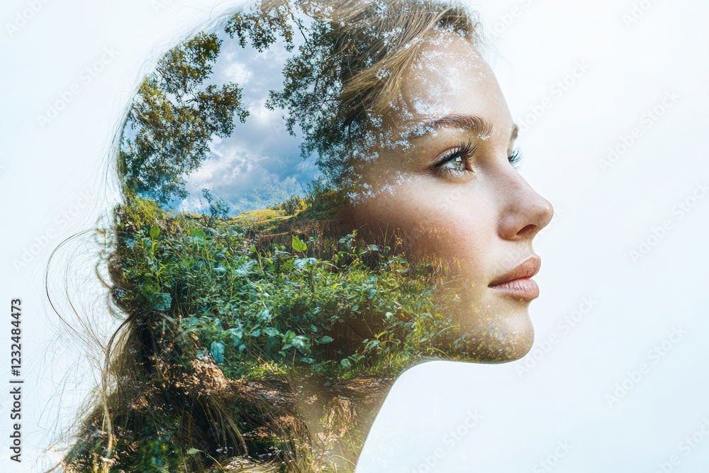 Poster woman with a tree overlay creating a unique artistic portrait in nature setting