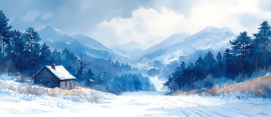 A watercolor illustration depicting a winter landscape with mountains and a village house in the background