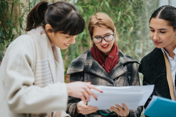 Three professional women review documents together in an outdoor space, fostering teamwork and...