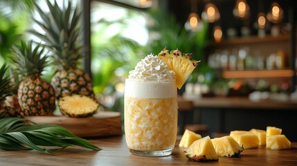 Fresh pineapple slice atop a mixed drink, ideal for summer parties or special occasions