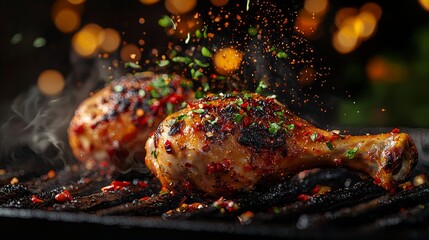 A detailed view of a plump golden chicken drumstick captured in slow motion, with sesame seeds soaring in the air over a rich deep red and yellow setting