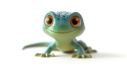 Fototapeta premium Cute gecko smiling, white background, cartoon, children's book