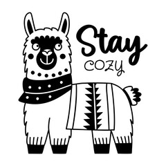Glyph sticker showing llama with stay cozy text 
