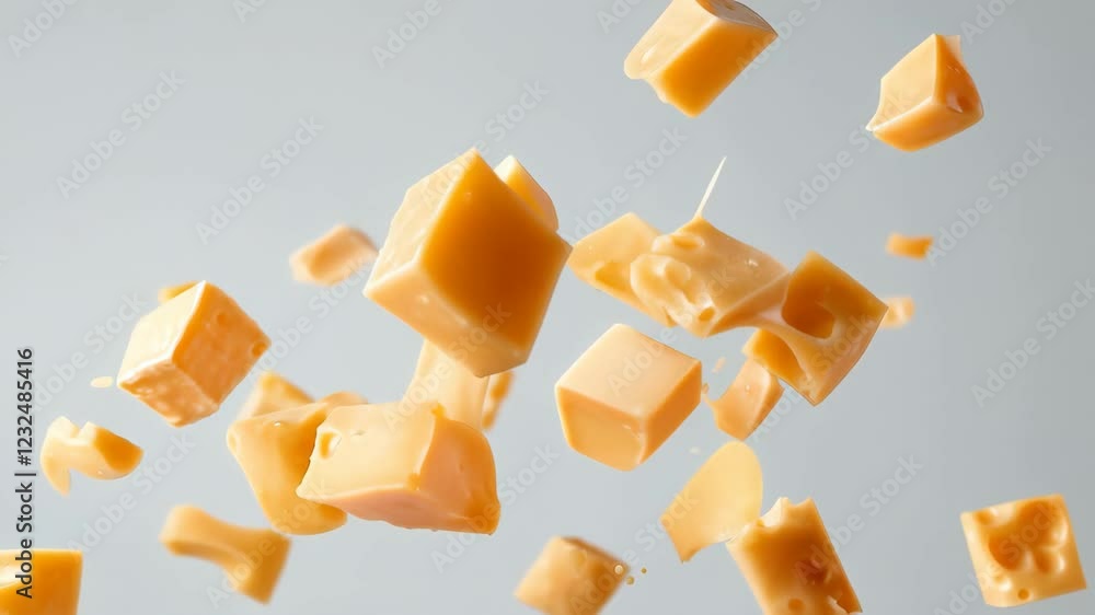 Poster Many pieces of delicious cheese of different sizes are levitating on a light blue background, creating a visually appealing arrangement for food related projects