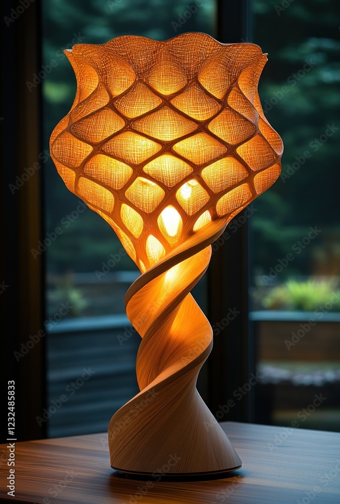 Poster illuminated wooden table lamp with a spiral base and intricate latticework shade.