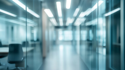 Modern office hallway with shiny floor and large windows blurred office interior background with a blurry modern white and glass business space 