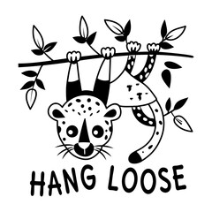Comic style sticker showing leopard with hang loose text 
