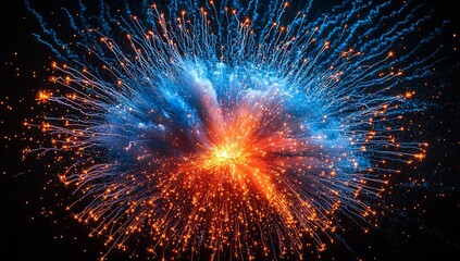 A close-up, slow-motion shot of a firecracker explosion, with sparks and colorful trails extending outwards, captures the burst's lively energy and excitement