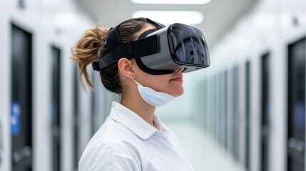 Woman Using Virtual Reality Headset in Modern High-Tech Environment
