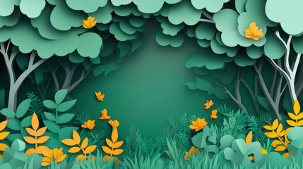 Abstract green forest background with paper cut style leaves and flowers