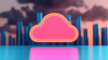 Digital Cloud Icon with Neon Glow Against Abstract Cityscape Background