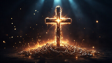 Fototapeta premium Breaking chains with glowing cross, golden light and dark background, freedom concept, Christian imagery, hope and liberation theme. 