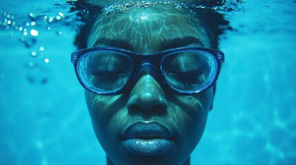 Fototapeta premium Close up underwater portrait of a young woman with dark skin and eyeglasses, serene expression, blue toned lighting, calm atmosphere