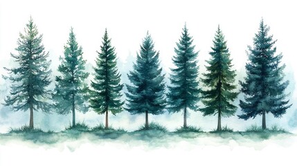 Fototapeta premium Watercolor pine tree silhouettes with unique shapes and colors. Generative AI