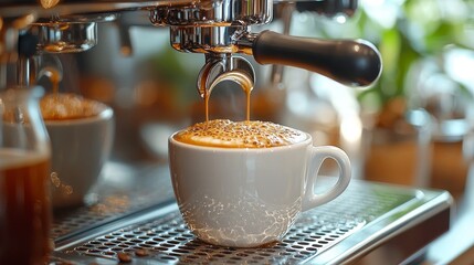 From the coffee machine, an espresso shot flows into a ceramic cup, filling it with dark, rich coffee and a golden crema, with the background blurred and focus on the coffee-making process, morning