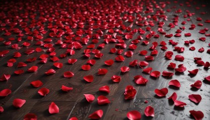 Fototapeta premium Freshly fallen red rose petals covering a rich burgundy floor, floral arrangement, fresh petals, refined