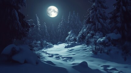 A Winter Night Landscape with a Full Moon Illuminating a Snowy Path Through a Forest