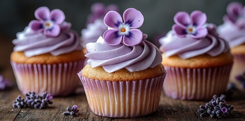 Perfect cupcakes adorned with purple flower-shaped cream, ideal for any celebration or special occasion