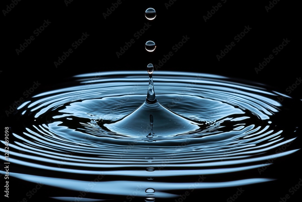 Poster a droplet slowly breaks through the surface of a serene pool in slow motion, creating intricate patt