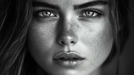 Fototapeta premium Monochrome Portrait of a Young Woman with Freckles