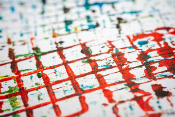 Extreme close up of colorful acrylic paint texture showing brush strokes. Selective focus.