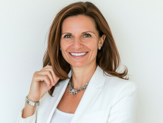 professional woman smiling confidently while adjusting her blazer, showcasing elegance and poise