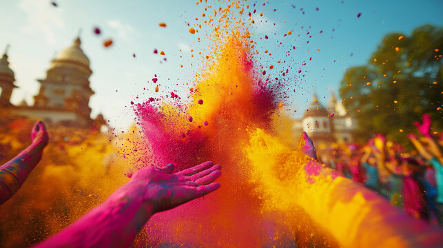 Vibrant Holi colors burst mid-air, joyful crowd blurred in golden light, capturing festive energy and warmth.